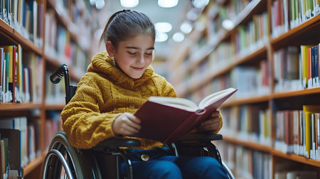 Portrait of disabled girl in wheelchair reading book in library at schoolの素材