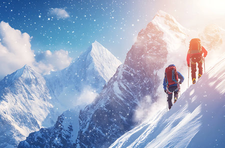 Winter hiking in the mountains on snowshoes with a backpack and tent.の素材