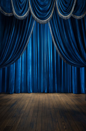 Blue stage curtain with wooden floor and spotlight. 3d render illustrationの素材