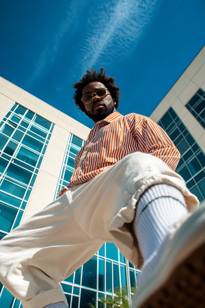 stylish african american man in sunglasses and striped shirt posing on streetの素材