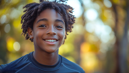 Close up portrait of a smiling african american girl in the parkの素材