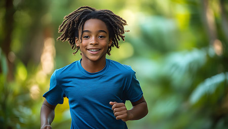 Portrait of smiling african american woman jogging in parkの素材