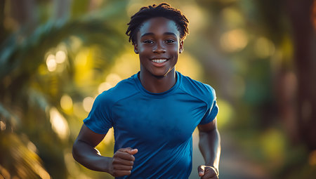 Portrait of smiling young african american man jogging in parkの素材
