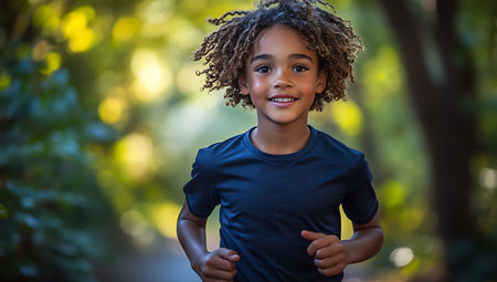 Portrait of happy african american child running in the parkの素材
