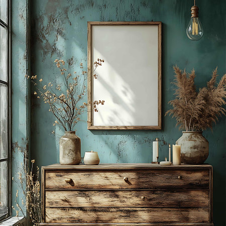 Mock up poster frame in hipster interior background, 3d renderの素材