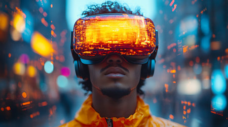 African american man wearing virtual reality goggles in the city at nightの素材