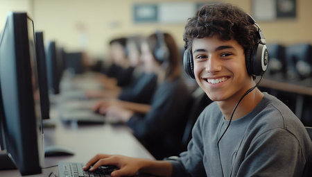 Portrait of smiling schoolboy with headphones using computer in computer classの素材