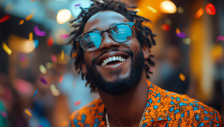 Handsome african american man with afro hairstyle and sunglasses enjoying the party.の素材