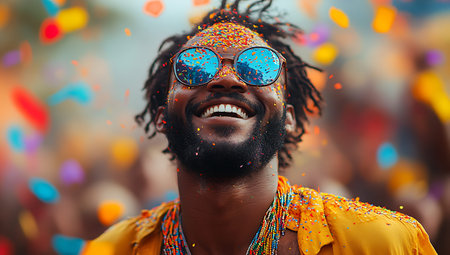 Portrait of happy african american man with dreadlocks and sunglasses standing in front of confettiの素材