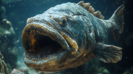 Close up of a giant grouper swimming underwater in an aquarium.の素材