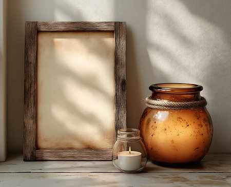 Empty wooden frame, candle and glass jar on a wooden table.の素材