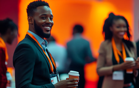Smiling african american man holding coffee to go and looking at camera in officeの素材