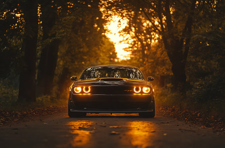 Retro car on the road in the forest at sunset. Copy space.の素材