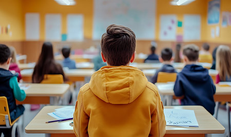 Back view of schoolboy sitting at desk in classroom and looking at cameraの素材