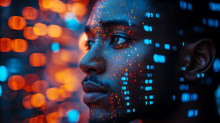 Artificial intelligence (AI) and machine learning concept. Young african american man face with binary code.の素材