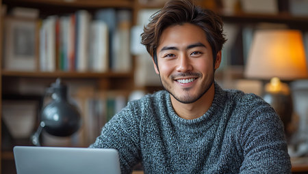Portrait of smiling young man using laptop in living room at homeの素材