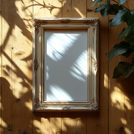 Blank picture frame on wooden wall with shadows. 3d renderingの素材