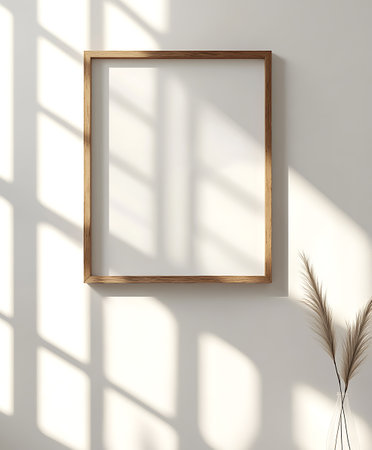 Blank picture frame on white wall, 3d render, squareの素材