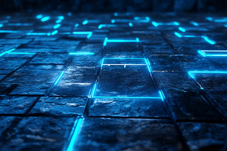 Glowing blue neon lights on a dark background. 3d renderingの素材