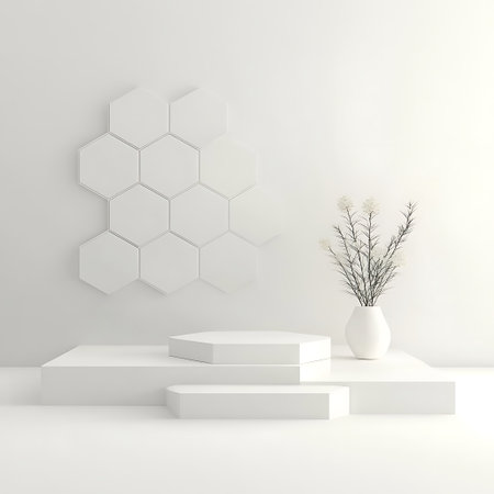 3d render, abstract minimal geometric forms, podiums, hexagonsの素材