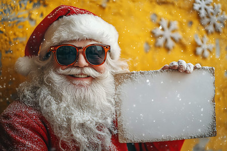 Portrait of Santa Claus in sunglasses and red coat with a white sheet of paper on the background of a yellow wall with snowflakesの素材