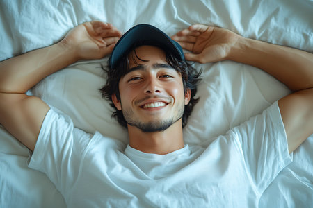 Top view of smiling young man in cap lying on bed at homeの素材