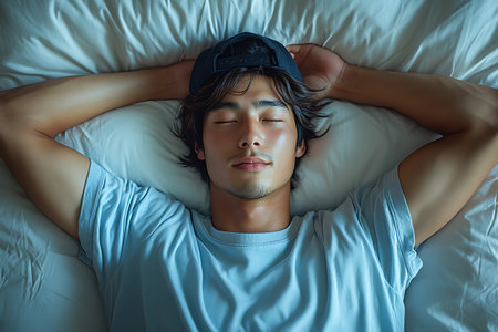 young asian man sleeping on bed in the morning at home.の素材