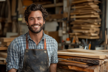 Portrait of a handsome young carpenter smiling at camera in his workshopの素材