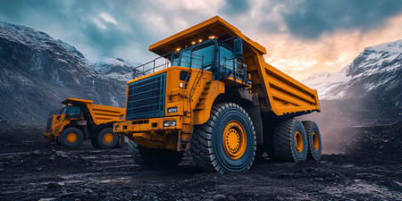 Big yellow mining truck on a background of mountains. 3d renderingの素材