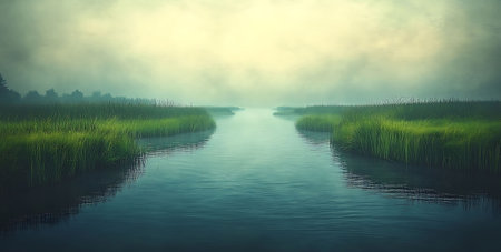 Panoramic view of a foggy river with reeds in the foregroundの素材