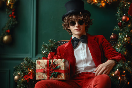 Fashionable young man in a red jacket and bow tie sitting on a chair near the Christmas tree with gifts.の素材