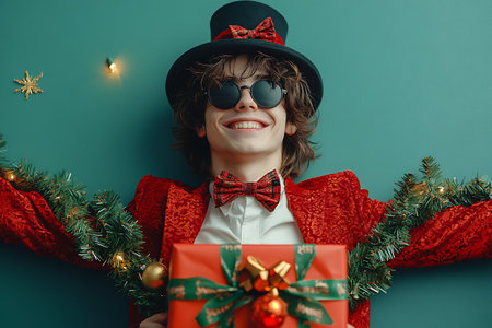 Portrait of a boy in a red coat and bow tie with a gift box on a green backgroundの素材