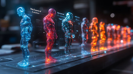 3d rendering of human body hologram with neon lights on dark backgroundの素材