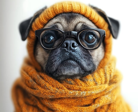 Funny pug dog wearing eyeglasses and scarf on white backgroundの素材