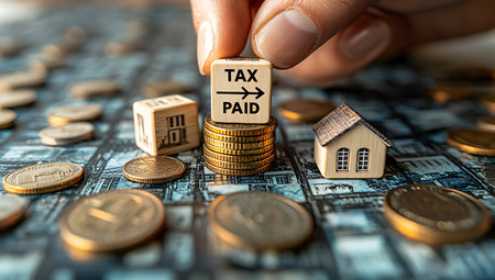 Tax Day concept with coins and house model on a blue background.の素材
