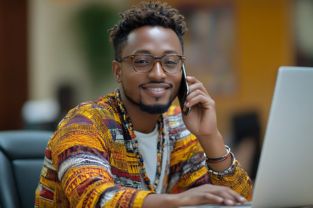Portrait of young african american businessman talking on mobile phone in officeの素材