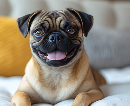 Cute pug dog lying on the bed at home and looking at cameraの素材