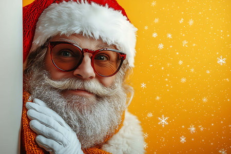 Close-up portrait of Santa Claus in red glasses and a white beard.の素材