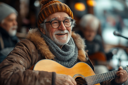 Portrait of a senior man with a guitar on the street.の素材
