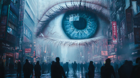 Digital composite of Digital composite image of eye with people walking in the streetの素材