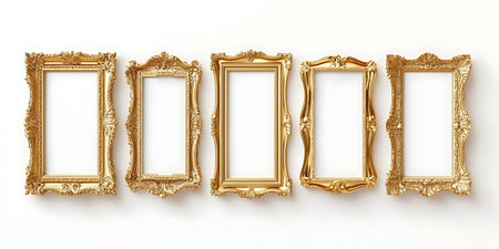 Set of golden picture frames isolated on white background. 3d renderingの素材