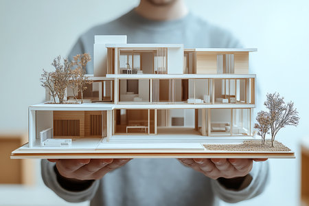 Close up of man holding model of house in his hands. 3D renderingの素材