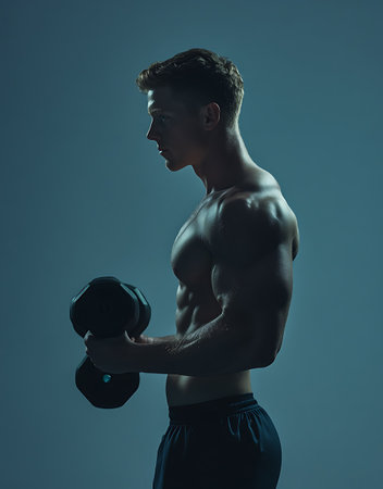 Muscular young man working out with dumbbells on blue backgroundの素材