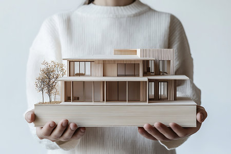 Woman holding wooden model of house in her hands. Real estate conceptの素材