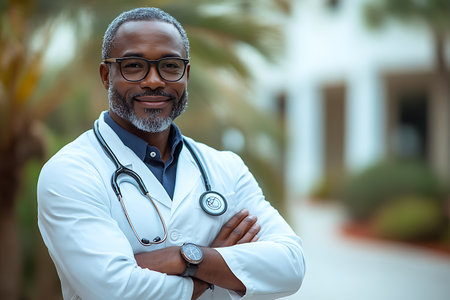 Portrait of a smiling male doctor standing with arms crossed at hospitalの素材