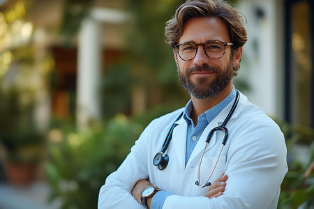 Portrait of a handsome male doctor in a white coat and glasses.の素材
