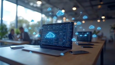 Cloud computing technology concept on modern computer screen. 3D rendering.の素材