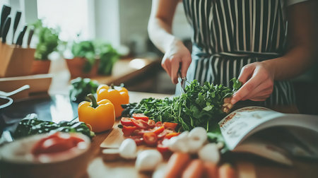 Young woman cutting vegetables in the kitchen. Housewife preparing salad.の素材