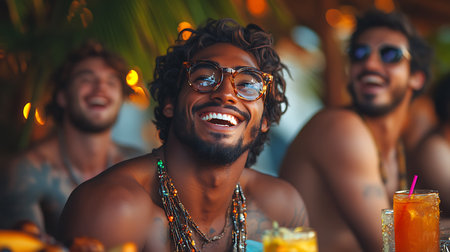 Cheerful african american man in eyeglasses having fun with friends on the beachの素材