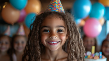 Portrait of smiling little girl with birthday cake and balloons at birthday partyの素材